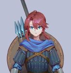  1girl armor axe bangs beard blue_eyes blue_scarf facial_hair gauntlets gongxiao_zao grey_background long_hair mount_&amp;_blade multiple_boys open_mouth polearm redhead scarf shield simple_background solo spear viking warrior weapon 