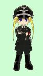  1girl aiguillette belt belt_buckle black_bow blonde_hair blue_eyes boots bow buckle crossed_arms epaulettes german_text green_background hat highres kill_me_baby long_hair looking_at_viewer military military_uniform nazi necktie peaked_cap runes sonya_(kill_me_baby) ss_insignia ss_uniform swastika twintails uniform yasu_(luchs&amp;mardar) 