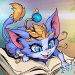  animal animal_focus blue_eyes book cat fang league_of_legends multicolored_background no_humans open_book open_mouth phantom_ix_row yuumi_(league_of_legends) 