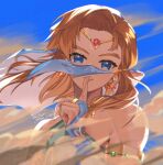  1boy bangs blonde_hair blue_eyes commentary_request earrings gerudo_set_(zelda) highres jewelry link long_hair looking_at_viewer male_focus nm_cco open_mouth pointy_ears ring smile solo the_legend_of_zelda the_legend_of_zelda:_breath_of_the_wild 