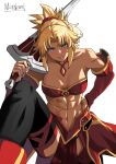  1girl abs absurdres bangs bare_shoulders blonde_hair blush braid breasts fate/apocrypha fate/grand_order fate_(series) green_eyes hair_ornament hair_scrunchie highres looking_at_viewer mordred_(fate) mordred_(fate/apocrypha) muscular muscular_female navel over_shoulder ponytail ponzu_0419 scrunchie small_breasts smile solo sword toned weapon weapon_over_shoulder 