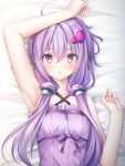  1girl arm_up armpits bangs bare_arms bare_shoulders bed_sheet blush breasts collarbone criss-cross_halter dress eyebrows_visible_through_hair frilled_dress frills hair_between_eyes halterneck hand_up highres long_hair looking_at_viewer murano parted_lips purple_dress purple_hair small_breasts solo upper_body violet_eyes vocaloid voiceroid yuzuki_yukari 