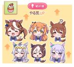  5girls :t =_= ^_^ afterimage agnes_tachyon_(umamusume) ahoge animal_ears arrow_(symbol) bangs blush brown_hair chibi closed_eyes cupcake ears_down food food_on_face gameplay_mechanics grey_hair highres horse_ears horse_girl horse_tail long_hair mayano_top_gun_(umamusume) mejiro_mcqueen_(umamusume) motion_lines multiple_girls nyusankin54 oguri_cap_(umamusume) open_mouth orange_hair purple_hair short_hair smile sparkling_eyes special_week_(umamusume) star-shaped_pupils star_(symbol) symbol-shaped_pupils tail tokai_teio_(umamusume) translation_request umamusume violet_eyes yellow_eyes 