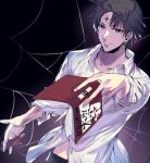  1boy black_hair book chrollo_lucilfer earrings facial_mark forehead_mark highres holding holding_book hunter_x_hunter jewelry long_sleeves male_focus pitatann silk sleeves_rolled_up smile solo spider_web 