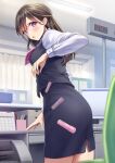  1girl amagi_shino artist_name blush brown_hair calendar_(object) commentary_request dropping eyelashes highres long_hair long_sleeves office office_lady original receptionist_girl_(amagi_shino) shirt signature skirt solo standing surprised vest violet_eyes white_shirt 