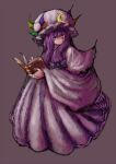  1girl 2b-ge :/ dress hat highres looking_at_viewer mob_cap patchouli_knowledge purple_background purple_dress purple_hair simple_background solo touhou violet_eyes 