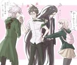  1girl 3boys ahoge anger_vein animal_bag backpack bag bangs black_hair black_legwear brown_pants brown_skirt cat_bag collared_shirt danganronpa_(series) danganronpa_2:_goodbye_despair flipped_hair green_jacket green_necktie grey_background hair_ornament hinata_hajime holding_another&#039;s_wrist hood hood_down jacket kamukura_izuru ko-toku komaeda_nagito light_brown_hair long_hair long_sleeves medium_hair multiple_boys nanami_chiaki necktie necktie_grab neckwear_grab open_mouth pants pink_bag pink_eyes pleated_skirt profile ribbon shiny shiny_hair shirt short_hair skirt squiggle thigh-highs translation_request very_short_hair white_shirt 