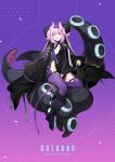  1girl absurdres armored_boots boots breasts creature english_text extra_mouth fangs fantasy gradient gradient_background highleg highleg_leotard highres knee_boots leotard open_mouth original pink_hair purple_legwear shio_(oxstl) sidelocks sitting small_breasts solo tentacle_hair tentacles thigh-highs thigh_strap tongue tongue_out violet_eyes 