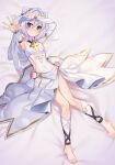  1girl absurdres barefoot bridal_gauntlets bridal_veil covered_navel dress elf flower hair_between_eyes hair_ornament highres kokkoro_(princess_connect!) looking_at_viewer on_bed pointy_ears princess_connect! rumeha_(aormsj22) short_hair solo veil violet_eyes white_hair 