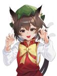  1girl :d animal_ears bow brown_eyes brown_hair cat_ears cat_girl cat_tail chen dress earrings fang green_headwear hands_up hat highres jewelry mob_cap multiple_tails open_mouth red_dress repoi sharp_teeth short_hair single_earring smile solo tail teeth touhou two_tails white_background yellow_bow 