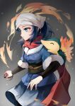  1girl akari_(pokemon) blue_eyes blue_hair blue_kimono closed_mouth commentary_request cyndaquil fire fur-trimmed_sleeves fur_trim grey_background head_scarf highres holding holding_poke_ball japanese_clothes kimono layered_sleeves long_sleeves looking_away obi poke_ball pokemon pokemon_(creature) pokemon_(game) pokemon_legends:_arceus ponytail revision sash short_over_long_sleeves short_sleeves yowamushi 