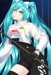  1girl absurdres artist_request asymmetrical_bodysuit black_bodysuit blue_eyes blue_hair bodysuit breasts clothes_writing eyebrows_visible_through_hair eyes_visible_through_hair goodsmile_racing hatsune_miku highres long_hair looking_at_viewer non-web_source racing_miku racing_miku_(2022) smile solo_focus source_request twintails vocaloid 