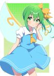  1girl absurdres bangs blue_dress border bow daiyousei dress green_background green_eyes green_hair hair_bow highres looking_at_viewer medium_hair miz_(mizillustration) necktie open_mouth short_sleeves side_ponytail simple_background solo touhou white_border yellow_necktie 