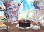  2girls apron ascot bat_wings brooch cake cake_slice chair chocolate_cake commentary_request cream_puff cup food frilled_apron frills green_ribbon hair_ribbon happy hat holding holding_knife izayoi_sakuya jewelry knife maid mob_cap multiple_girls out_of_frame plate puffy_short_sleeves puffy_sleeves purple_hair red_eyes remilia_scarlet ribbon sandwich short_hair short_sleeves sidelocks silver_hair sitting standing table tea teacup touhou tray tress_ribbon waist_apron wankosoba white_apron wings wooden_table wrist_cuffs 