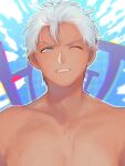  1boy ;d alternate_hairstyle archer_(fate) archer_(water_gun_battle)_(fate) commentary_request dark_skin fate/grand_order fate_(series) grey_eyes male_focus no_shirt one_eye_closed short_hair smile solo takotako31029 teeth toned toned_male topless upper_body white_hair wince 
