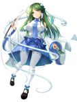  1girl absurdres bare_shoulders between_fingers blue_bow blue_necktie blue_skirt bow breasts full_body gohei green_eyes green_hair green_nails highres holding holding_stick kochiya_sanae large_breasts long_hair looking_to_the_side midriff_peek nail_polish necktie seiya_(iiseven) shirt simple_background skirt solo stick thigh-highs touhou very_long_hair white_background white_legwear white_shirt wing_collar 