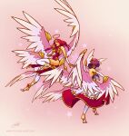  2girls alternate_costume alternate_hair_color alternate_hairstyle angel_wings bangs dress elbow_gloves from_side gloves gradient gradient_background halo highres kayle_(league_of_legends) league_of_legends long_hair morgana_(league_of_legends) multiple_girls multiple_wings pink_background pink_hair pink_wings red_dress redhead siblings signature sisters smile star_(symbol) star_guardian_(league_of_legends) thigh-highs thorsten_erdt toeless_legwear twins watermark web_address white_dress white_gloves white_legwear white_wings wings 