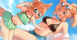  2girls :d animal_ear_fluff animal_ears arm_up bangs bare_shoulders batta_(kanzume_quality) bikini black_bikini blue_eyes blue_shorts blue_sky breasts clouds cloudy_sky collarbone commentary_request day dutch_angle eyebrows_visible_through_hair fangs feet_out_of_frame flat_chest fox_ears fox_girl fox_shadow_puppet fox_tail green_bikini halterneck hand_on_another&#039;s_stomach heart heart-shaped_eyewear highres large_breasts long_hair looking_at_viewer multiple_girls navel open_clothes open_mouth open_shirt orange_hair original partially_undressed ponytail shirt shorts sidelocks sky smile swimsuit tail thick_eyebrows tinted_eyewear v-shaped_eyebrows water white-framed_eyewear white_shirt 