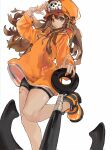  1girl anchor anchor_symbol arm_up bangs bare_legs bike_shorts brown_hair found_modori guilty_gear guilty_gear_strive hat heart heart_tattoo highres holding jacket leg_up long_hair long_sleeves looking_at_viewer may_(guilty_gear) orange_eyes orange_headwear orange_jacket pirate_hat salute simple_background skull_and_crossbones solo tattoo white_background 