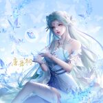  1girl absurdres blue_eyes blue_hair bug butterfly douluo_dalu dress flower highres long_hair tang_wutong_(douluo_dalu) tang_wutong_tongren_she weibo_id weibo_logo white_dress 