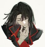  1boy 2021 ;) bangs black_coat black_hair braid chin_stroking chinese_clothes chinese_commentary close-up closed_mouth coat dated face fate/grand_order fate_(series) grey_eyes half-closed_eyes high_collar kurone0617 long_hair long_sleeves looking_at_viewer male_focus one_eye_closed portrait smile solo tai_gong_wang_(fate) 