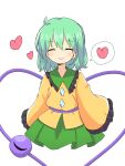  1girl ^_^ ahoge bangs blouse blush buttons closed_eyes closed_mouth collared_blouse cropped_legs diamond_button eyeball eyebrows_visible_through_hair facing_viewer frilled_shirt_collar frilled_sleeves frills green_hair green_skirt heart heart_of_string highres kiseeeei komeiji_koishi long_sleeves medium_hair no_hat no_headwear shiny shiny_hair simple_background skirt sleeves_past_fingers sleeves_past_wrists smile solo speech_bubble spoken_heart symbol-only_commentary third_eye touhou wavy_hair white_background wide_sleeves yellow_blouse 