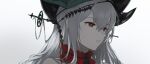  1girl absurdres aqua_headwear arknights bangs bare_shoulders eyebrows_visible_through_hair headgear highres long_hair neck_garter orlijiang pale_skin parted_lips portrait red_eyes silver_hair simple_background skadi_(arknights) skadi_the_corrupting_heart_(arknights) solo white_background 