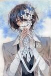  1boy bandaged_arm bandages bangs brown_eyes brown_hair bungou_stray_dogs chinese_commentary collared_shirt commentary_request dazai_osamu_(bungou_stray_dogs) flower hair_between_eyes highres looking_up male_focus one_eye_covered own_hands_together shirt short_hair smile solo trench_coat upper_body white_flower white_shirt ziyi_zhengjun 