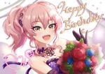  1girl bouquet dress flower gloves highres idolmaster idolmaster_cinderella_girls jewelry jougasaki_mika necklace oekakispica pink_hair ponytail purple_dress purple_gloves rose signature smile strapless strapless_dress yellow_eyes 