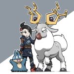  1girl antlers arms_up beard black_hair black_pupils blacknirrow blue_eyes brown_nose diamond_clan_outfit eye_contact fangs grey_background hair_ornament hand_on_face mai_(pokemon) mole_under_mouth munchlax one_leg_raised pokemon pokemon_(creature) pokemon_(game) pokemon_legends:_arceus simple_background two-tone_background white_beard white_fur white_outline wyrdeer 