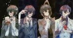  4boys apple bandaged_arm bandaged_head bandaged_neck bandages bangs beaker black_necktie blood blood_on_face brown_eyes brown_hair bungou_stray_dogs collared_shirt commentary_request dazai_osamu_(bungou_stray_dogs) dress_shirt food fruit hair_between_eyes holding male_focus multiple_boys necktie noose one_eye_covered pill shirt waistcoat white_shirt ziyi_zhengjun 