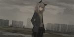  animal_ears belt building chihuri clouds cloudy_sky fox_ears fox_tail grey_hair grey_sky hands_in_pockets highres jaana_kettu jacket looking_at_viewer original pantyhose puddle shorts sky tail violet_eyes zipper zipper_pull_tab 