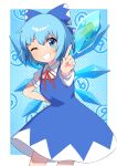  1girl absurdres bangs blue_background blue_dress blue_eyes blue_hair border bow cirno dress grin hair_bow highres ice ice_wings miz_(mizillustration) one_eye_closed pinafore_dress short_hair short_sleeves smile solo teeth touhou white_border wings 
