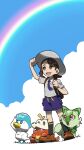  1girl backpack blacknirrow blue_sky brown_eyes brown_hair cloud female_protagonist_(pokemon_sv) fuecoco hat looking_up necktie open_mouth pokemon pokemon_(creature) pokemon_(game) pokemon_sv purple_necktie purple_shorts quaxly rainbow socks sprigatito 