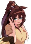  1girl absurdres bangs blue_eyes blurry blurry_background blush box breasts brown_hair el_condor_pasa_(umamusume) gift gift_box hands_on_own_cheeks hands_on_own_face highres long_hair looking_at_viewer medium_breasts open_mouth out_of_frame petoka polo_shirt ponytail pov shirt short_sleeves simple_background sweat umamusume upper_body valentine wavy_mouth white_background yellow_shirt 