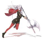  1girl axe cape closed_mouth edelgard_von_hresvelg fire_emblem fire_emblem:_three_houses full_body garreg_mach_monastery_uniform gloves hair_ornament hair_ribbon long_hair looking_at_viewer pantyhose penguyeon red_cape ribbon shorts simple_background solo uniform violet_eyes weapon white_background white_hair 