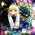  1girl ascot black_dress blonde_hair collared_shirt danmaku dress embodiment_of_scarlet_devil hair_ribbon kaigen_1025 red_eyes red_neckwear red_ribbon ribbon rumia shirt short_hair solo touhou white_shirt 