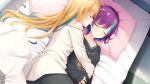  2girls bed bed_sheet black_pants black_shirt blonde_hair blue_hair blush breasts closed_eyes collarbone colored_inner_hair cuddling eyebrows_visible_through_hair from_above from_side game_cg highres hug ibaraki_rino indoors kido_tsubasa long_hair long_sleeves lying medium_breasts multicolored_hair multiple_girls muririn on_back on_bed on_side open_mouth pajamas pants parquet_(yuzusoft) parted_lips pillow profile purple_hair shirt short_hair sleeping streaked_hair two-tone_hair very_long_hair white_shirt yuri 