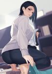  1girl absurdres ass barefoot black_hair breasts brown_eyes denim from_below grey_sweater highres holding holding_clothes indoors jeans kagematsuri large_breasts mole mole_under_mouth original pants parted_lips picking_up short_sleeves solo squatting sweater twitter_username 