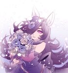  1girl 2022 animal_ears bouquet commentary_request dated detached_sleeves dress flower fur_scarf hair_flower hair_ornament hair_over_one_eye highres hisahiko holding holding_bouquet horse_ears horse_girl long_hair looking_at_viewer open_mouth petals purple_hair rice_shower_(umamusume) rose signature smile solo strapless strapless_dress umamusume upper_body violet_eyes 