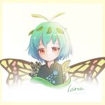  1girl antennae aqua_hair butterfly_wings closed_mouth dress eternity_larva eyebrows_visible_through_hair fairy green_dress hair_between_eyes highres lbcirno9 leaf leaf_on_head multicolored_clothes multicolored_dress orange_eyes short_hair short_sleeves solo touhou twitter_username upper_body wings 