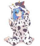  1girl animal_costume animal_print aoi_tori arm_up bangs barefoot blue_hair blush closed_mouth collarbone commentary_request cow_costume cow_hood cow_print eyebrows_visible_through_hair full_body furrowed_brow green_eyes hair_between_eyes hand_up highres hood hood_up long_hair long_sleeves looking_at_viewer original sidelocks simple_background sitting solo wariza white_background wrinkled_fabric 