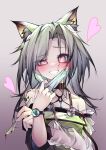 1girl absurdres animal_ear_fluff animal_ears arknights blood blush cat_ears cat_girl dress eyebrows_visible_through_hair gradient gradient_background green_dress green_eyes grey_hair heart heart-shaped_pupils highres holding_scalpel kal&#039;tsit_(arknights) mask mouth_mask oripathy_lesion_(arknights) qinshi-ji scalpel smile stethoscope surgical_mask symbol-shaped_pupils yandere 