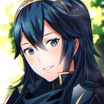  1girl ameno_(a_meno0) blue_eyes blue_hair close-up fire_emblem fire_emblem_awakening forest hair_between_eyes looking_at_viewer lucina_(fire_emblem) nature outdoors scarf smile solo symbol-shaped_pupils tiara upper_body 