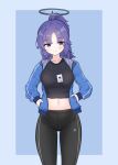  1girl alternate_hairstyle black_shirt blue_archive blue_jacket breasts collarbone crop_top gym_uniform halo hands_in_pockets highres hrna id_card jacket long_hair medium_breasts midriff navel pants ponytail purple_hair shirt sidelocks simple_background smile star_(symbol) star_sticker track_jacket unzipped violet_eyes yoga_pants yuuka_(blue_archive) 