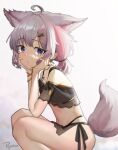  1girl absurdres animal_ears arknights bangs bare_shoulders bikini black_bikini closed_mouth commentary eyebrows_visible_through_hair feet_out_of_frame fox_ears fox_girl fox_tail gradient gradient_background grey_background grey_hair hair_ornament hairclip highres knees_up low_twintails navel pink_hair see-through short_twintails sionkilili solo squatting sussurro_(arknights) sussurro_(summer_flowers)_(arknights) swimsuit tail twintails violet_eyes x_hair_ornament 