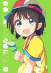  1girl :d absurdres bangs baseball_cap black_hair blush clenched_hand eyebrows_visible_through_hair fang green_background green_eyes hat highres hololive looking_at_viewer okota_mikan oozora_subaru pointy_ears shirt short_sleeves simple_background smile solo stopwatch striped striped_shirt upper_body vertical-striped_shirt vertical_stripes virtual_youtuber watch whistle whistle_around_neck yellow_shirt 
