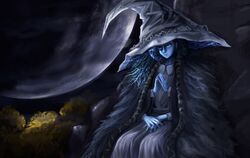  1girl absurdres blue_eyes blue_skin cape closed_mouth colored_skin elden_ring extra_arms feet_out_of_frame fingers_together full_moon fur_cape hat highres kean_gindesgaard long_hair looking_at_viewer moon night one_eye_closed outdoors ranni_the_witch sitting solo witch witch_hat 