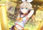 absurdres arm_up armpits bangs belt blue_eyes breasts choker clenched_hand collarbone commentary_request cosplay crop_top detached_sleeves eyebrows_visible_through_hair grey_hair grin hair_ornament hair_ribbon hairclip hand_on_own_head headphones highres idolmaster idolmaster_shiny_colors kagamine_rin kagamine_rin_(cosplay) light_stick looking_at_viewer medium_breasts midriff navel neckerchief ribbon sailor_collar sanami_(sanami_t_38) serizawa_asahi short_hair shorts smile solo stage sweat vocaloid 