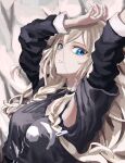  1girl absurdres black_choker black_jacket blonde_hair blue_eyes breasts choker die_suki hair_between_eyes hand_on_own_head highres ia_(vocaloid) jacket long_hair looking_at_viewer looking_to_the_side lying medium_breasts on_back open_hand parted_lips solo vocaloid 